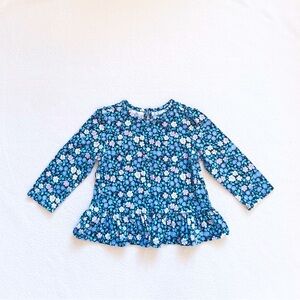 3/$30 Baby GAP Toddler Girl Blue Floral Long Sleeve Cotton Peplum Blouse 18–24M